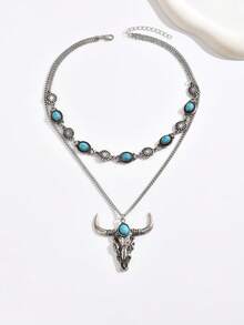 1 件复古西部牛仔风格牛头吊坠项链，适合女士，搭配椭圆形仿绿松石，双层流苏颈链，创意配饰 - 復古銀色 - 查看 6