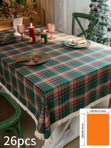 1pc Green Plaid Woven Tablecloth, Vintage American Style With Tassels, Rectangular For Dining Table, Coffee Table, TV Stand, Bedside Cabinet, Suitable For Christmas Holiday Family Gathering Party Decor, Creates Festive Atmosphere - Green - View 18
