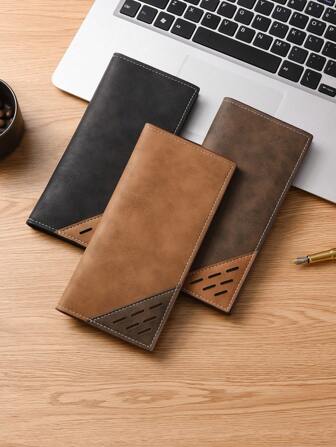 复古图案双折男士钱包，带多个卡槽，薄款长款手拿包，男女皆宜，PU 皮革