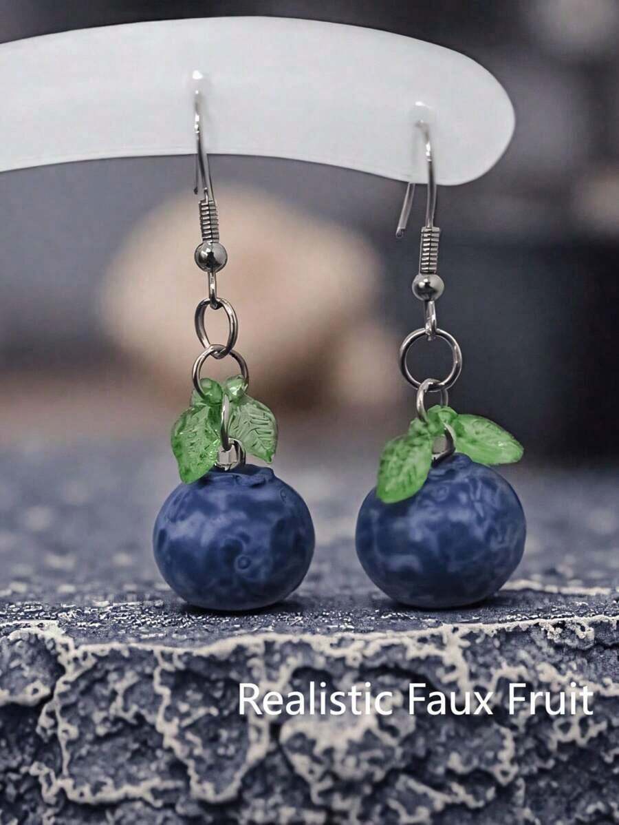 1 Pair Cute & Fun Realistic Blueberry Earrings, Suitable For Women's Everyday Or Vacation Outfits - Màu xanh lam - Xem 1