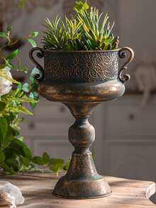 Metal Decorative Vase, Tall Elegant Vintage-Inspired Flower Vase, Urn Shaped Centerpiece Vase, Rustic Finish Cup Design For Home & Office Patio Front Porch Decor - 咖啡棕 - 查看 6