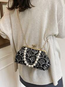 1 件黑色喇叭形纹理亮片网状夹扣珍珠手柄包，高端奢华礼服婚礼派对手拿包，女士，2025 年春夏