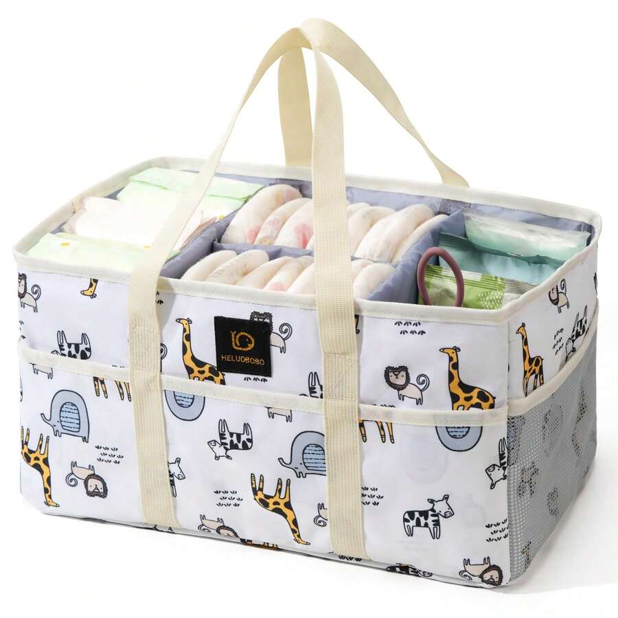 婴儿尿布收纳盒大容量婴儿尿布收纳篮便携式婴儿洗澡篮带手柄多功能婴儿尿布收纳盒带可拆卸隔板适用于家庭 - 彩色 - 查看 1