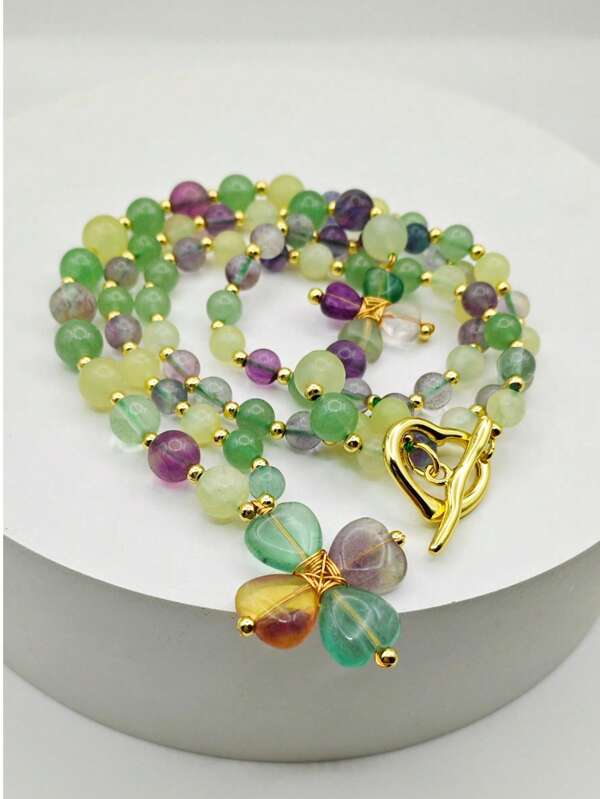 قلادة بتعليقة طويلة بتصميم البرسيم رباعي الأوراق متعدد الألوان من حجر طبيعي قطعة واحدة