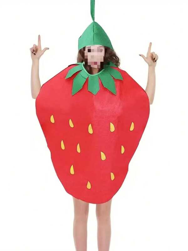 2pcs/Strawberry Fruit Costume Set For Men And Women, With Headwear, Bright Red And Green, Polyester And Spandex Blend - Perfect For Fun Food-Themed Role-Playing, Themed Parties And Festivals, And Strawberry-Themed Items. Halloween