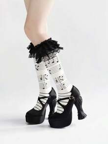1 par de calcetines hasta la rodilla con volantes de encaje y notas musicales estilo Kawaii Lolita para mujer, para primavera/verano, Y2k - Multicolor - Ver 2
