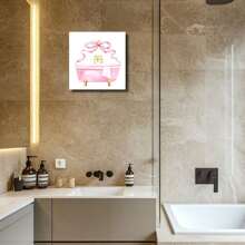 1pc Framed Canvas Wall Art, Pink Bathroom Vintage Bow Art Print Canvas Poster Painting Wall Decor, Ideal Gift For Bedroom Living Room Hallway Dorm, Ready To Hang