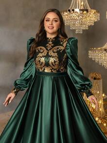Faeriesty Curve Plus Satin A-Line Evening Gown With High Neckline, Puff Sleeves & Black-Gold Sequin Embroidery, Flowing Floor-Length Skirt | Luxurious Vintage-Inspired Formal Design | Perfect For Weddings, Evening Galas, Red-Carpet Events, And Formal Dinners​