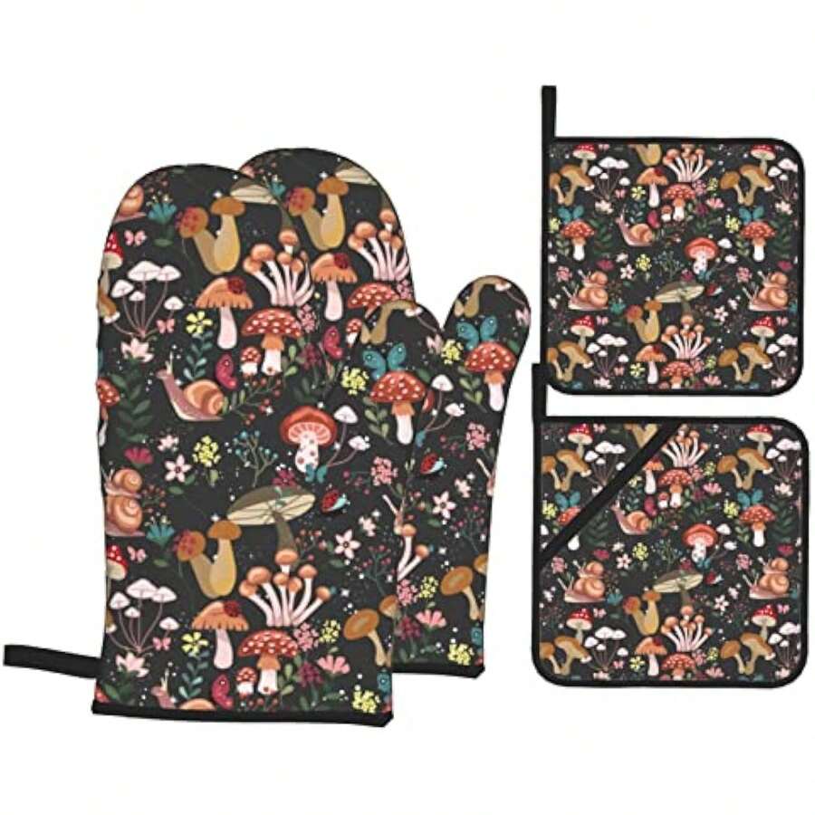 Mushrooms Snails Butterflies Oven Mitts And Potholders Professional Heat Resistant Cotton Oven Mitts Kitchen Gloves 4 Piece Set - 1 - View 1