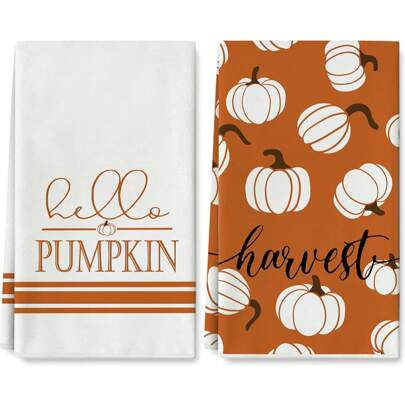 2条秋季厨房餐巾 40x60cm 你好南瓜感恩节茶巾 秋季橙色白色抹布，用于万圣节感恩节厨房烹饪和烘焙。