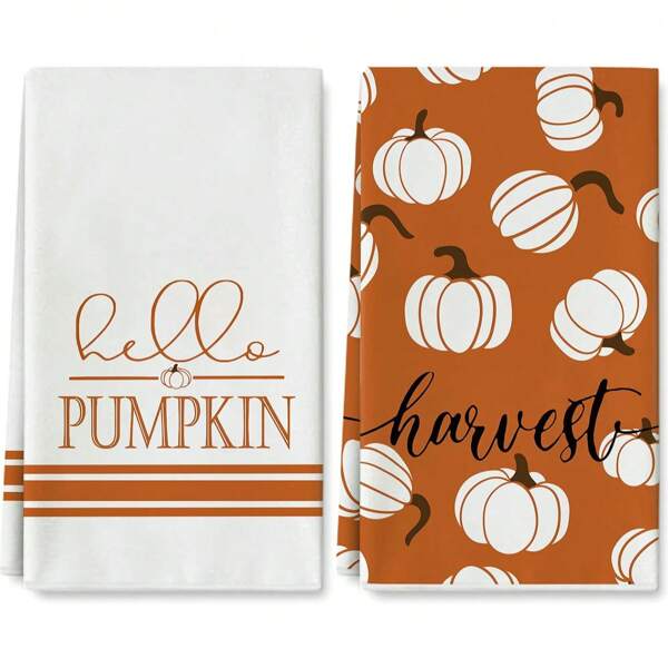 2 pièces Serviette de cuisine d'automne 40x60cm "Hello Pumpkin" Serviette de thé d'action de grâce orange et blanche, utilisée pour Halloween, l'action de grâce, la cuisine et la cuisson.