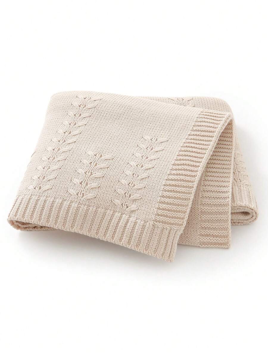 1pc Infant Knitted Solid Color Blanket, Baby Leaf Pattern Throw Blanket, Simple Design For All Seasons - Camel - View 1