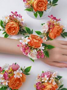 6pcs/1pc High-End Rose Wrist Corsage, Polyester Bohemian Wrist Flower For Wedding, Engagement, Bride, Bridesmaid, Mother Of The Bride/Groom, Wedding Rose Simulation Flower Elastic Wrist/Chest Corsage For Party, Ball, Daily Wear