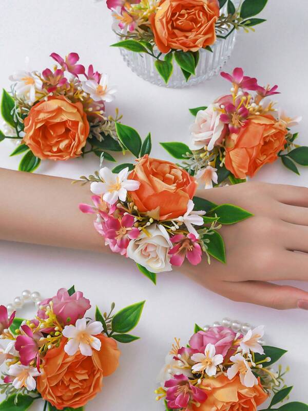 6pcs/1pc High-End Rose Wrist Corsage, Polyester Bohemian Wrist Flower For Wedding, Engagement, Bride, Bridesmaid, Mother Of The Bride/Groom, Wedding Rose Simulation Flower Elastic Wrist/Chest Corsage For Party, Ball, Daily Wear