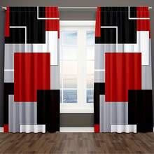 1Set/2pcs Plaid Pattern Curtains, 100%Material Semi-Shading - UV Protection Polyester Drapes, Featuring Multiple Color Asymmetrical Grids Pattern Theme Printed Design, Fade Resistant - Black, White and Red - View 16