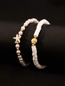 2pcs Fashionable Vintage Beach Style Natural Starfish Decor Adjustable Rice Bead Foot Chain Jewelry - Style 3 - View 2