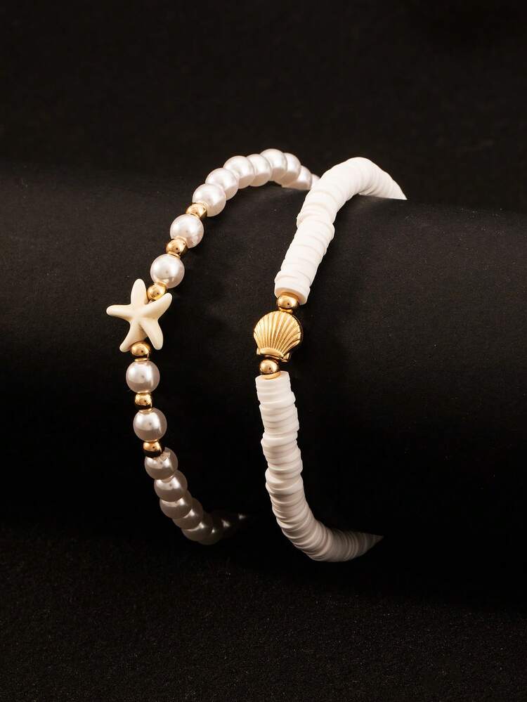 2 件时尚复古海滩风格天然海星装饰可调节米珠脚链首饰 - 款式3 - 查看 2