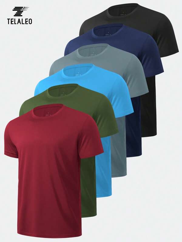 TELALEO 6pcs Solid Casual Sports Boyfriend Style Men's Short Sleeve Crew Neck Gym T Shirts Set, Summer Outdoor, Lightweight, Breathable Gym Clothes Boyfriend Style Men Basic T Shirt Compression Shirt