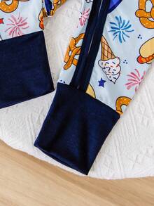 1pc Baby Boy Overall Romper With Hot Dog, Pretzel, Ice Cream, Ice Lolly Prints, Round Neck Long Sleeve Contrast Color Zipper Design, Suitable For Daily Casual Wear