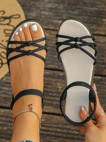 1 双夏季休闲一脚蹬青少年凉鞋，时尚打结舒适平底露趾鞋 - 黑色 - 查看 1