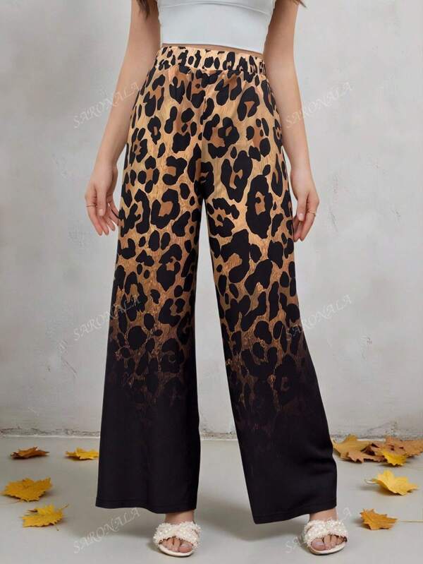 Pantalones con estampado degradado de leopardo - Pantalones de pierna ancha de cintura alta con cintura elástica, Pantalones con estampado animal de otoño 2025 para mujeres