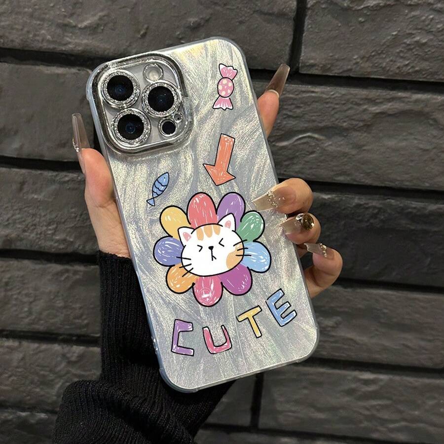 Funda para teléfono 1P - Flor - Temática con lindo, fino - Hilado emplumado con agujeros IMD de moda y teléfono, 16/15/14/13/12/11 Pro Promax Plus/X/Xsmax Phone Case S, Son hombres y - Plateado - Ver 1