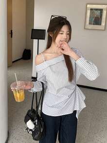 女士秋冬露肩条纹斜领无袖上衣，褶皱腰设计，修身 - 黑與白 - 查看 6