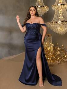 Faeriesty Elegancka, odsłaniająca ramiona, wysoko rozcięta, formalna suknia typu syrenka dla kobiet o większych rozmiarach - inspirowana projektantami suknia wieczorowa w dużych rozmiarach na wielkie wesela, uroczyste kolacje, ceremonie wręczania nagród, gale charytatywne i przyjęcia korporacyjne - Granatowy - Zobacz 3