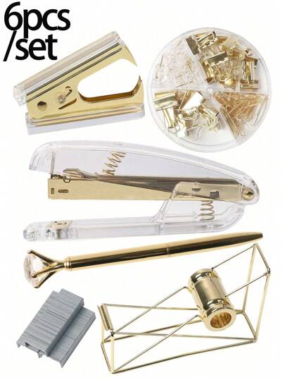 6-Piece Set Of Ordered Products, Including Staplers, Nail Lifters, Diamond Pens, Tape Holders, Paper Clips, And Large And Small Binders With Four Grid Pins, 1-Pack Of Staples, Creative Stationery Set, Office Desk Supplies, Desktop Accessories,For School Supplies,Back To School