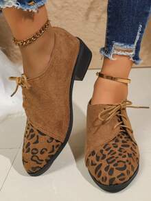 女式复古豹纹乐福鞋，配有抽绳鞋带，防滑 PVC 鞋底，四季舒适，复古风格休闲鞋 - 棕色 - 查看 5