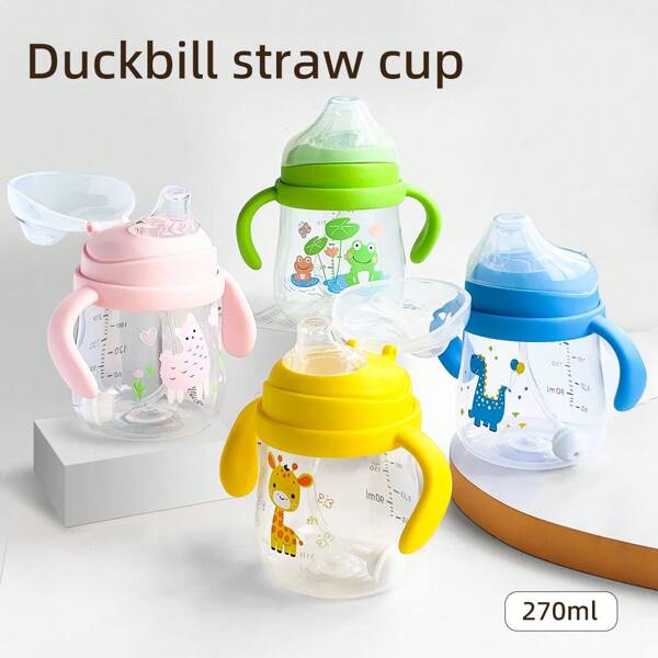 Cartoon Duckbill Cup For Kids 6 Months & Up - Silicone Duckbill Straw Cup For 1-3 Years Spillproof Transition Weighted Straw Toddler Cup PPSU Free, 4.1 Oz (116.62g) Multicolor