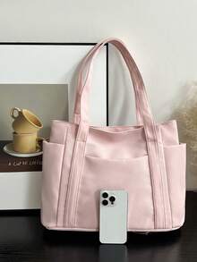 Fashionable Solid Color Minimalist Casual Large Capacity Tote Bag - Pink - View 4