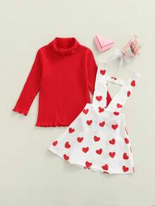2 Pcs Infant Valentines Day Outfits, Girls Ribbed Long Sleeve High Collar Pullover + Love Print Suspender Skirt - Rojo - Ver 3