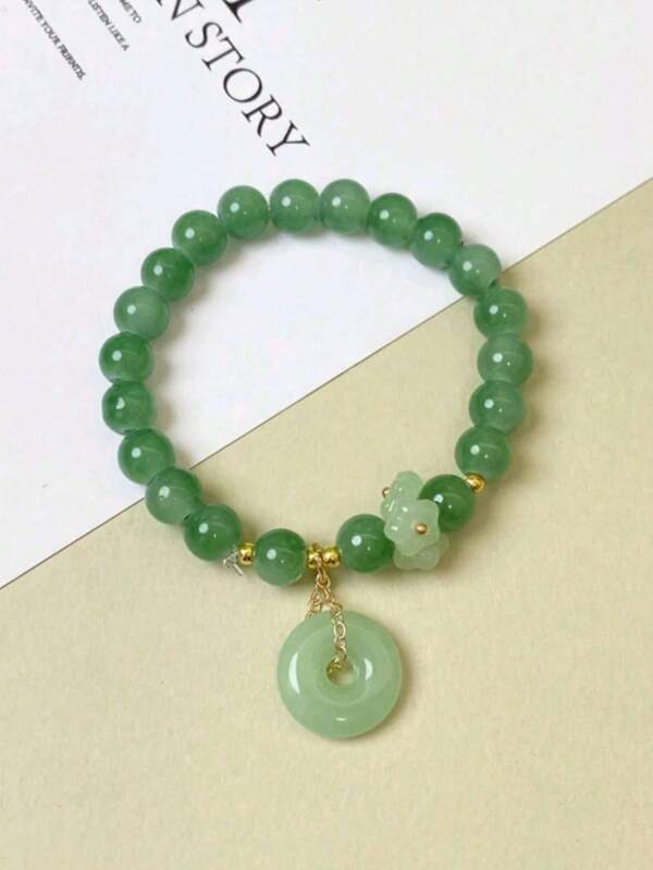 1pc Bracelet Vintage Green Glass Bead Women Bracelet - Elegant Peace Buckle, Minimalist Daily Jewelry,Luxury Holiday Gift"