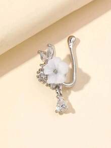 1pc Metal Inlaid Flower Petal, Clip-On Fake Nose Ring, Dangling Fake Nose Hoop Nose Piercing Jewelry, Suitable For Women As Valentine's Day, Mother's Day Gift - Silver White Flowers - View 3