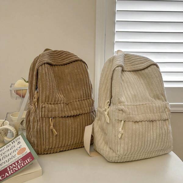 1pc Corduroy Backpack - New Korean Style Versatile Backpack For College/School Students, Large Capacity Commuter & Travel Bag Book Bag