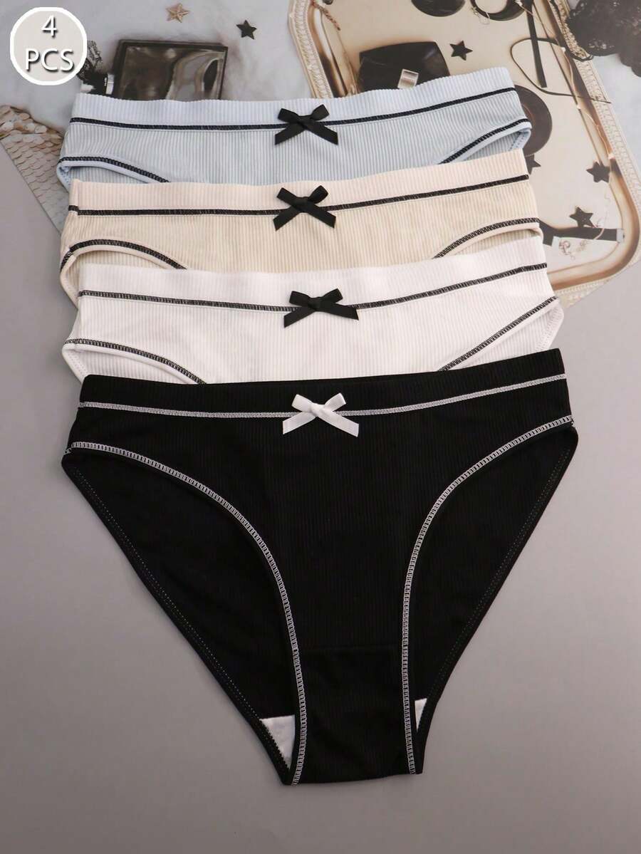 4 piezas de bragas triangulares deportivas sueltas y cómodas de seda de leche multicolor con lazo lindo para mujeres - Multicolor - Ver 1