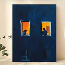 1pc Modern Canvas Wall Art - Unique Blue & Orange Framed Design With Silhouette Figures, Perfect For Living Rooms, Bedrooms, Offices, And Bathrooms, Office Artwork | Artistic Interior | Highquality Print, Large Canvas Wall Art - 藏蓝色 - 查看 1