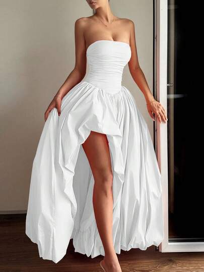 女士优雅性感无肩带长裙，不对称高开衩设计，后背系带可调节，是派对、鸡尾酒会、圣诞节、婚礼和约会之夜的理想之选，也是情人节、春季白色派对等特殊场合的完美选择。