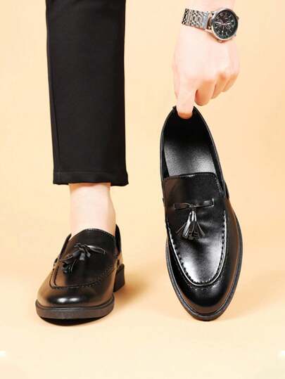 idocity Men's Loafers With Tassel Buckle PU Leather Business Casual Black Dress Shoes (Recommended To Order One Size Smaller)