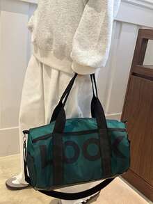 大容量尼龙字母装饰短途旅行行李袋，适合健身房、瑜伽、学生返校，男女通用健身包跑步配件运动包女士 - 綠色 - 查看 6