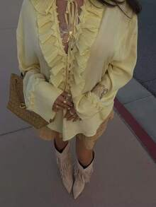 MUMRAP Women Fashion Solid V Neck Ruffles Shirts Summer Lace Up Loose Long Sleeve Blouse - Màu vàng - Xem 7