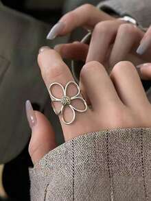 女士戒指，手工简约情侣戒指，简约花朵大戒指，派对珠宝礼物，预防过敏 - 銀色 - 查看 5