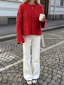 VIBEWAVE Autumn/Winter Bright Red Heavyweight Chunky Cable Knit Crew Neck Sweater, Loose Drop Shoulder Short Thick Vintage Lazy Vibe Pullover Knit Top, Casual Outing Street Photography - Red - View 4