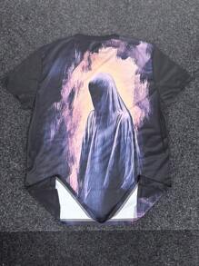 Men's Vintage White Smoky Mysterious Figure Shadow Graphic Print Short Sleeve T-Shirt, Summer Street Style