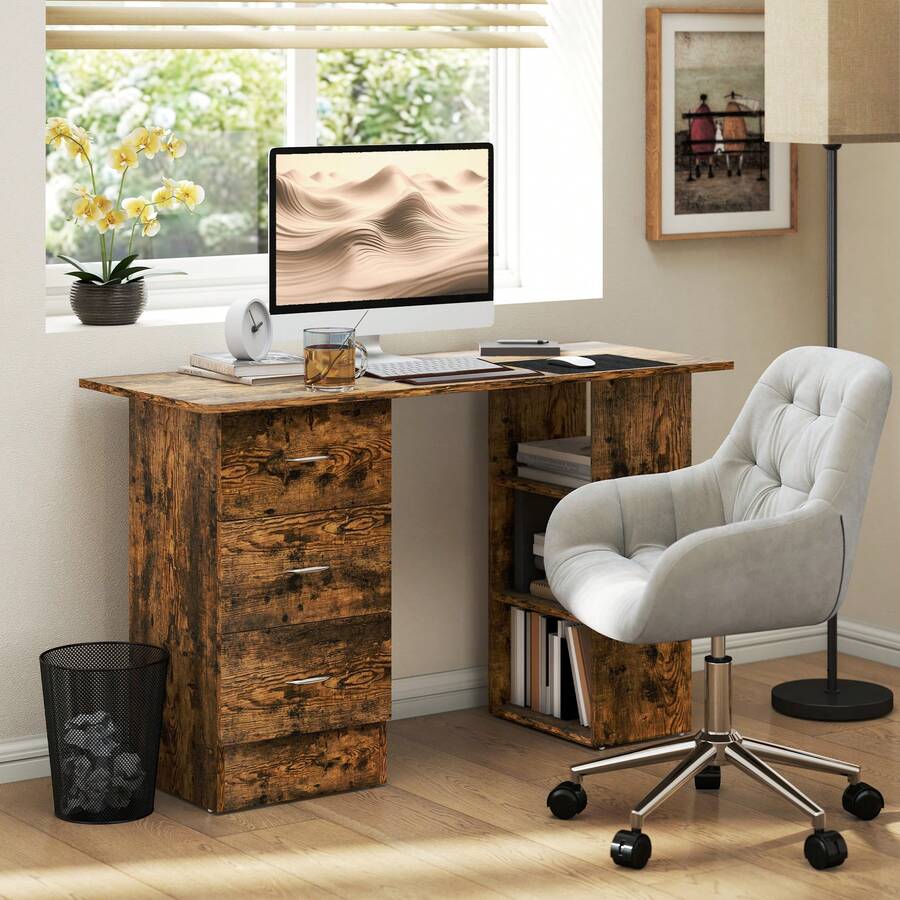 HOMCOM 120cm Computer Desk, Writing Table, PC Workstation With 3 Storage Shelves And Drawers