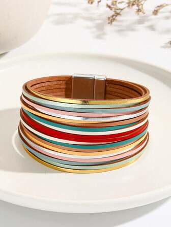 1 pieza Brazalete multicolor de aleación de zinc y piel de PU con estilo retro para mujeres, con moda para ir al trabajo o para ir y venir