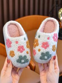 Girls Fluffy Lined Slippers, Warm Comfortable Home/Outdoor Wear Embroidered Closed Toe Slippers For Kids Toddlers, Autumn/Winter