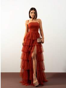 Long Debutante Wedding Party Dress With Shiny Tiered Skirt - 紅陶 - 查看 2