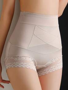 Quần lót ôm sát cạp cao không đường may cho nữ, kiểm soát bụng, ren vá, gợi cảm và không cuộn - Màu be - Xem 5